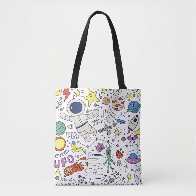 Tote Bag Style Doodle, illustration du thème spatial. (Devant)