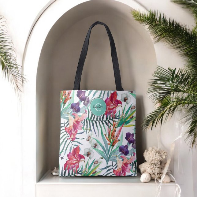Tote Bag Style insulaire Tropical Floral Motif et Monogramm (Créateur téléchargé)