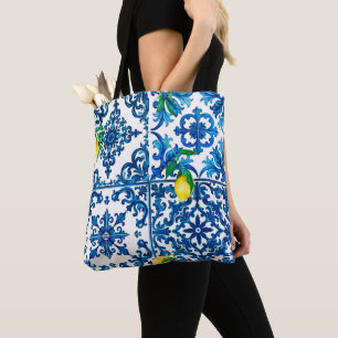 Tote Bag style italien, méditerranéen, mosaïque, bleu, citr