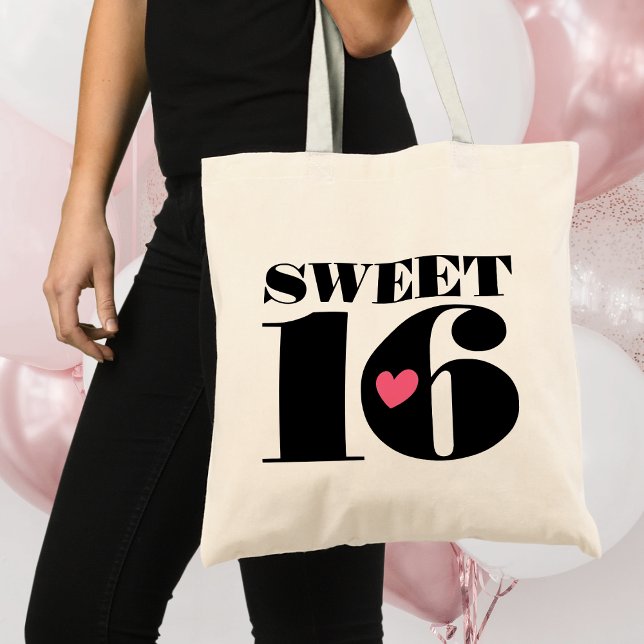 Tote Bag Style Retro Typographie Sweet sixteen noir rose (Créateur téléchargé)