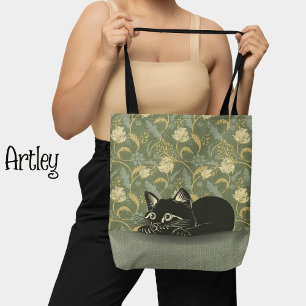 Tote Bag Style vintage Art Nouveau Repos Chat noir Floral