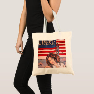 Tote Bag Style Vintage Liberté Portrait avec Drapeau Améric