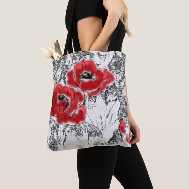 Tote Bag Stylo dessiné à la main des pavots rouges fleurs f (De près)