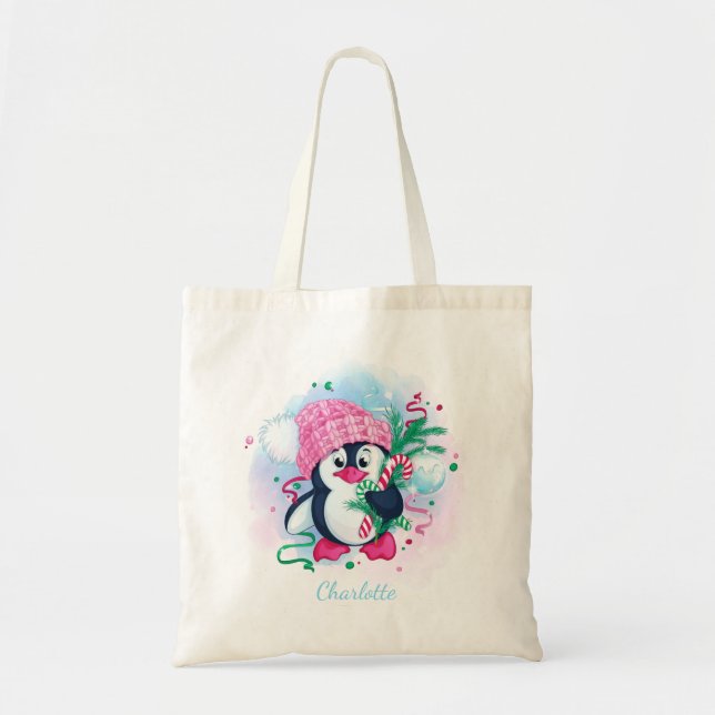 Tote Bag Sucre de canne de Noël Penguin Nom personnalisé (Devant)