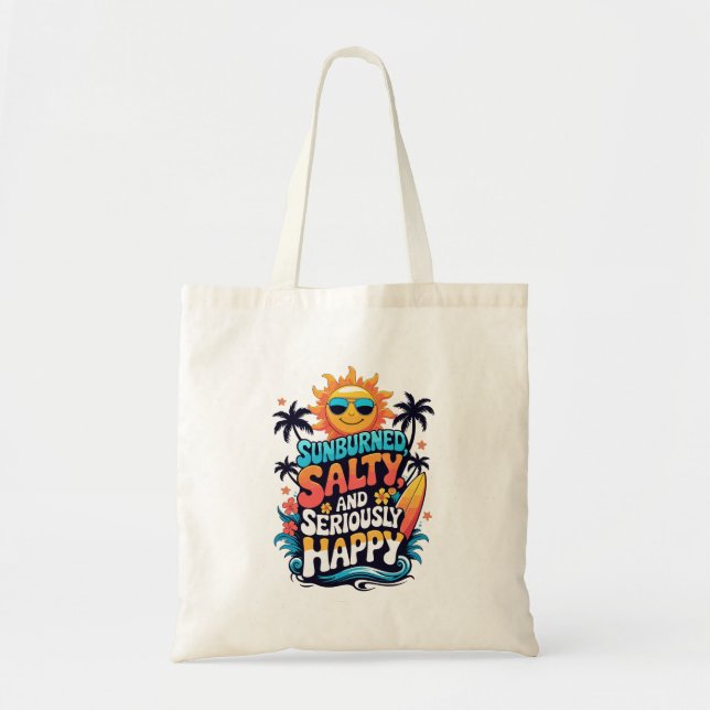 Tote Bag Sunburned Salty and Happy – Retro Beach Vibes (Devant)