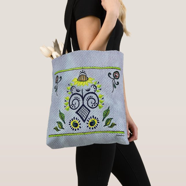 Tote Bag Sunflower Folk Motif sur denim par Alexandra Cook (De près)