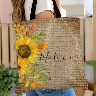 Tote Bag Sunflower Rustic Country Burlap Nom personnalisé