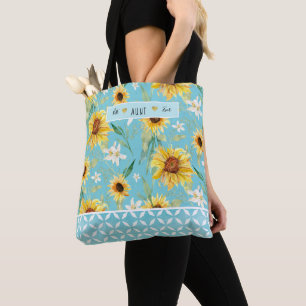 Tote Bag Sunflowers Watercolor Best Aunt Ever Blue Hearts