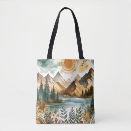 Tote Bag Sunny Rustique Boho Nature Motif Mountain Lake