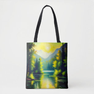 Tote Bag Sunrise sur les montagnes enneigées et le lac