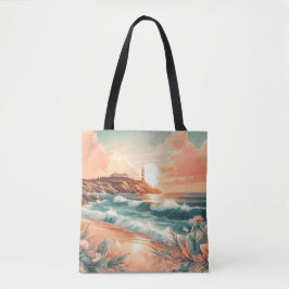 Tote Bag Sunset Lighthouse Ocean Beach Boho Floral