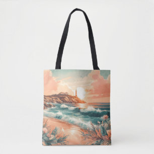 Tote Bag Sunset Lighthouse Ocean Beach Boho Floral
