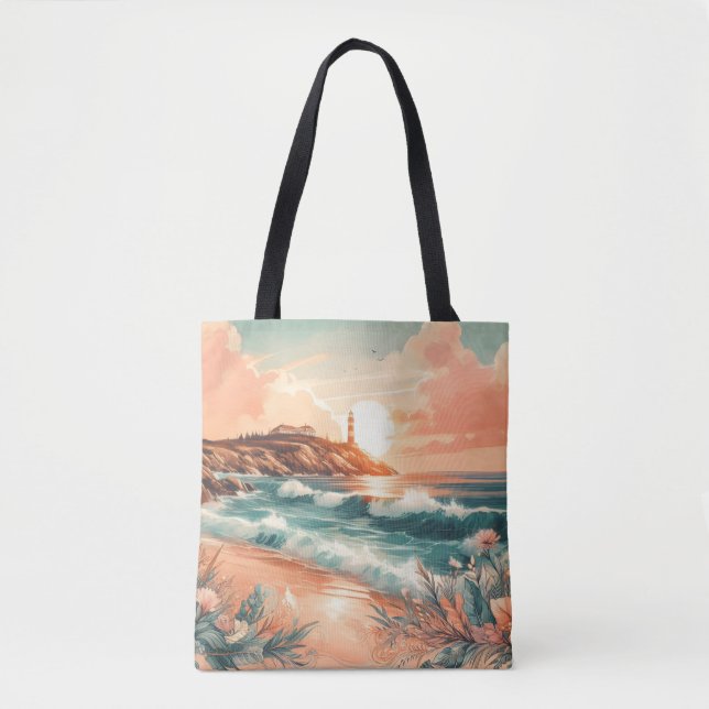 Tote Bag Sunset Lighthouse Ocean Beach Boho Floral (Devant)