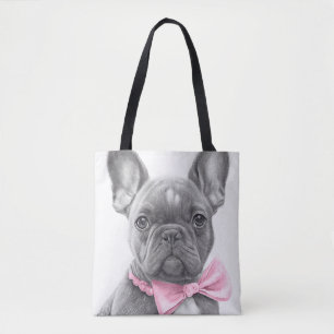 Tote Bag Super mignon Sketch Français chiot avec arc rose