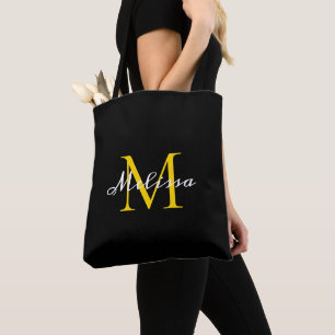 Tote Bag Superbe Monogramme d'or noir Nom du script