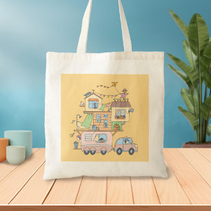 Tote Bag Sur la route Famille Camping Trailer sur Jaune