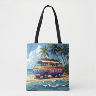 Tote Bag Surf ou rien Bus de plage rétro groovy hippie surf