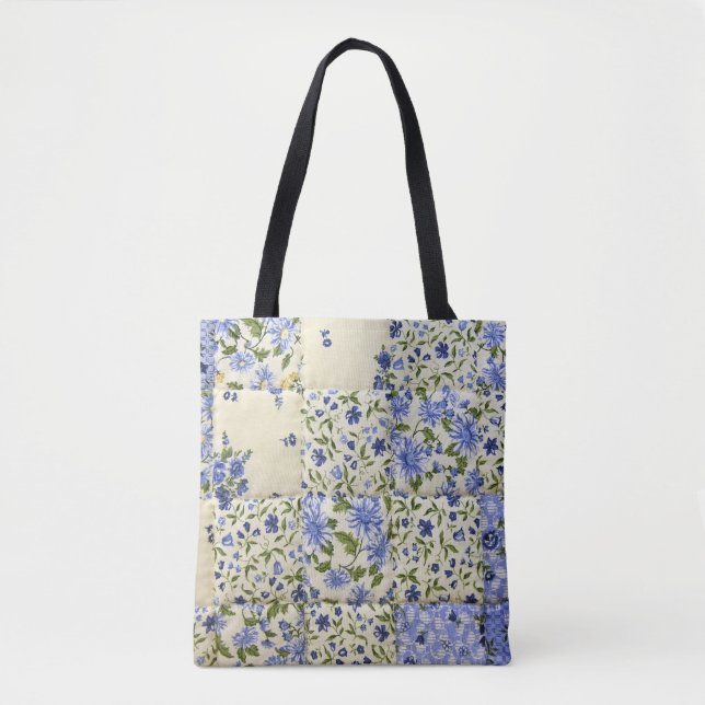 Tote Bag surface composée à fleurs bleues (Devant)