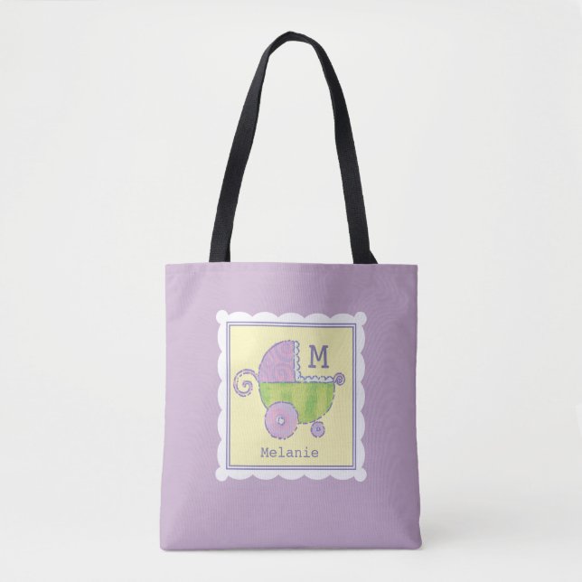 Tote Bag Sweet Dreams Baby Carriage Lavender Monogrammed (Devant)