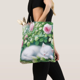 Tote Bag Sweet Napping White Kitten sous un Rose Bush