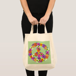 Tote Bag SYMBOLE DE LA PAIX Floral sur vert clair