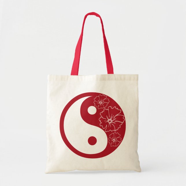 Tote Bag Symbole de Yin Yang, Fleur Tropicale Rouge (Devant)
