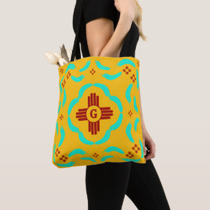 Tote Bag Symboles Red Zia Nouveau-Mexique Plumes turquoise