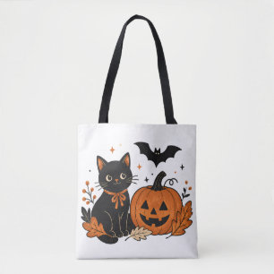 Tote Bag T-shirt Halloween Chat Noir Citrouille Imprimé Par