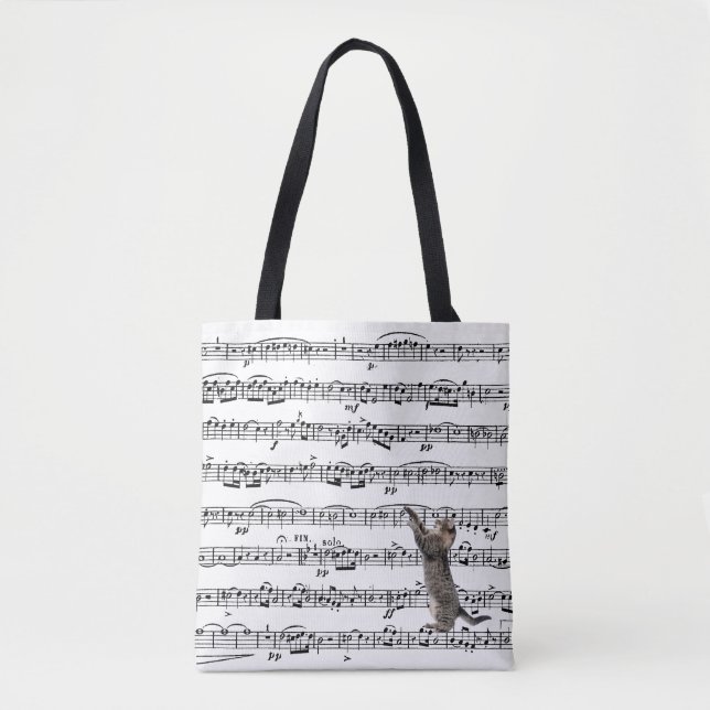Tote Bag Tabby Cat On Sheet Music (Devant)