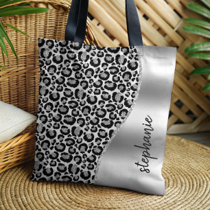 Tote Bag Taches de léopard Glam noir argent métallisé Nom