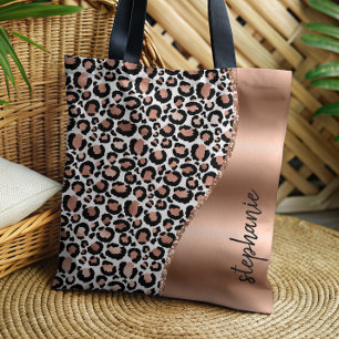 Tote Bag Taches de Léopard Glam Rose Gold Métallic Nom