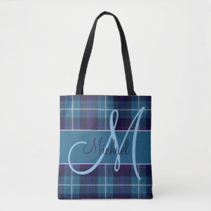 Tote Bag Tartan à carreaux bleus élégant Nom personnalisé m