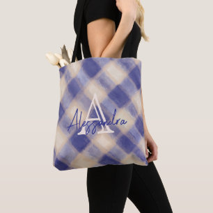 Tote Bag Tartan à carreaux monogramme bleu marine crème cal