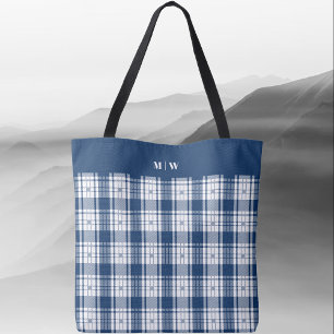 Tote Bag Tartan Plaid - bleu marine et blanc