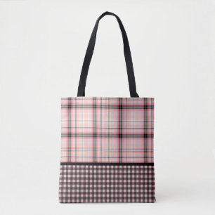 Tote Bag Tartan Plaid en rose, Pêche, Noir & Blanc