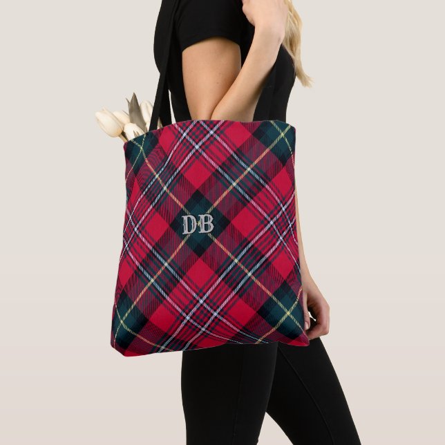 Tote Bag Tartan rouge avec vos initiales (De près)