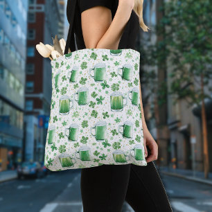 Tote Bag Tasses à bière vertes élégantes et trèfles blancs