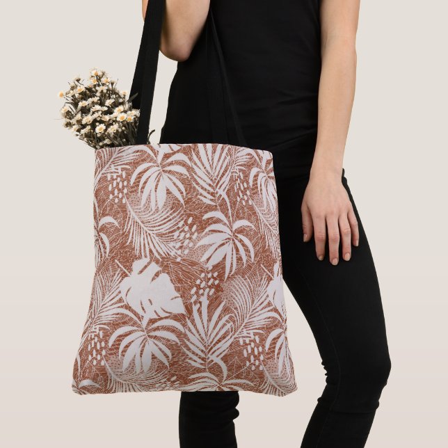 Tote Bag Taupe de Rose Feuille Palm blanc (De près)