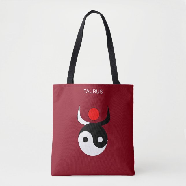 Tote Bag Taurus & Stylish Black & White Yin Yang sur Maroon (Devant)