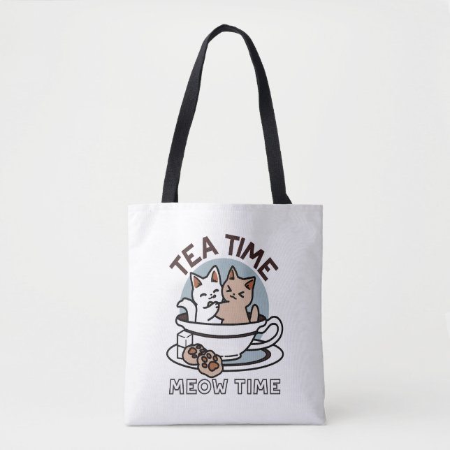 Tote Bag Tea Time Meow Time - Cute Cat and Tea Design (Devant)