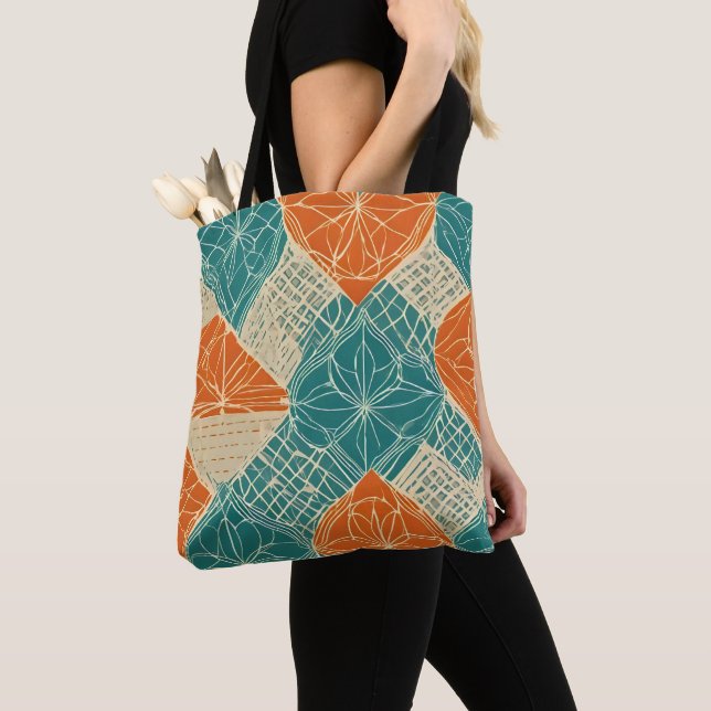 Tote Bag Teal, Orange, and Tan Abstract Flowers (De près)