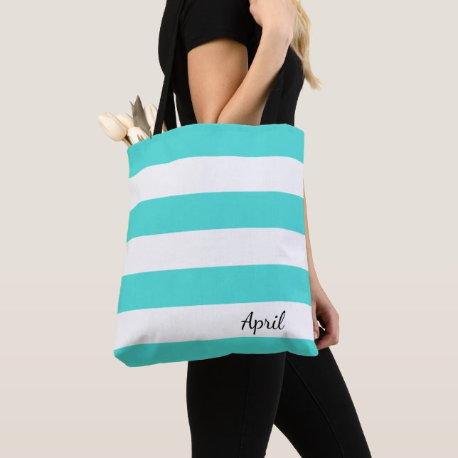Tote Bag Teal personnalisé et Fourre-tout rayé blanc (De près)