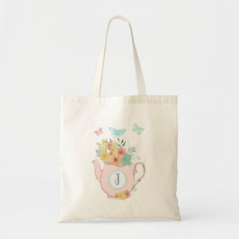 Tote Bag Teapot rose avec Fleurs et Papillons Monogramme