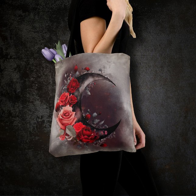 Tote Bag Técherie | Lune de croissant avec des roses rouges (Créateur téléchargé)