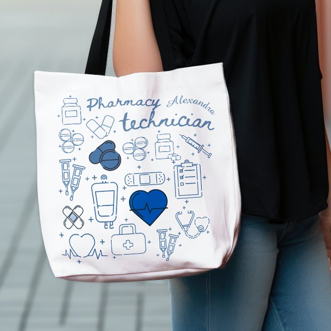 Tote Bag Technicien en pharmacie sur mesure Blue Doodline A (Créateur téléchargé)