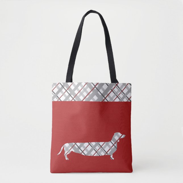 Tote Bag Teckel de plaid sur le rouge (Devant)