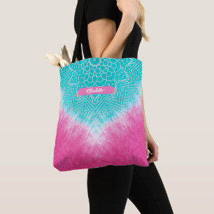 Tote Bag Teinture à carreaux rose et bleu avec Mandala Sway