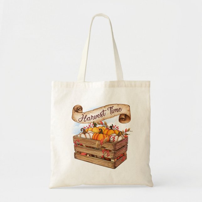 Tote Bag Temps de récolte (A beautifully designed tote bag featuring a wooden crate filled with vibrant pumpkins!)