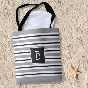 Tote Bag Tendance Monogramme initial gris noir blanc rayure