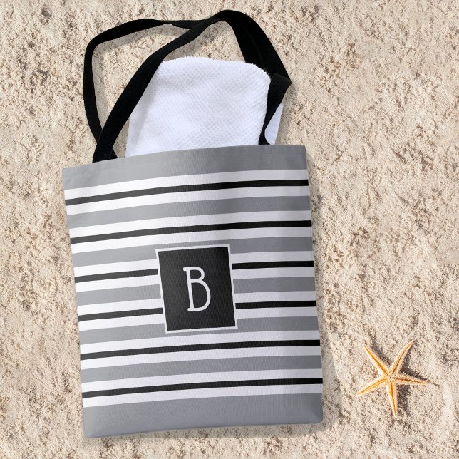 Tote Bag Tendance Monogramme initial gris noir blanc rayure (Créateur téléchargé)